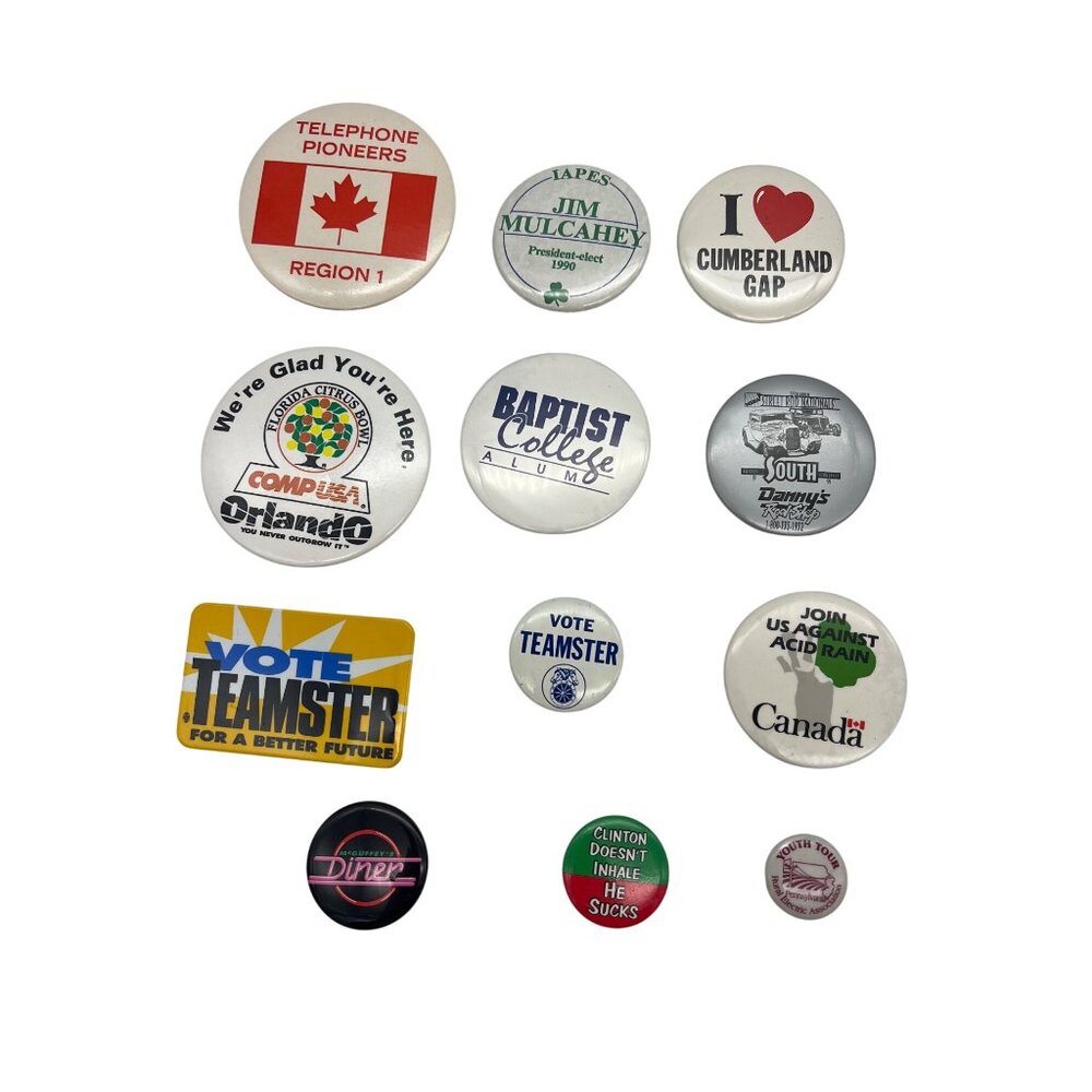 Lot of 12 Vintage 1990s Pinback Buttons Political Union Travel Promo Collectible
